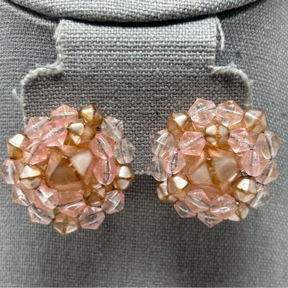 Vintage Pink Flower Cluster Beaded Clip On Earrings - Picture 1 of 5